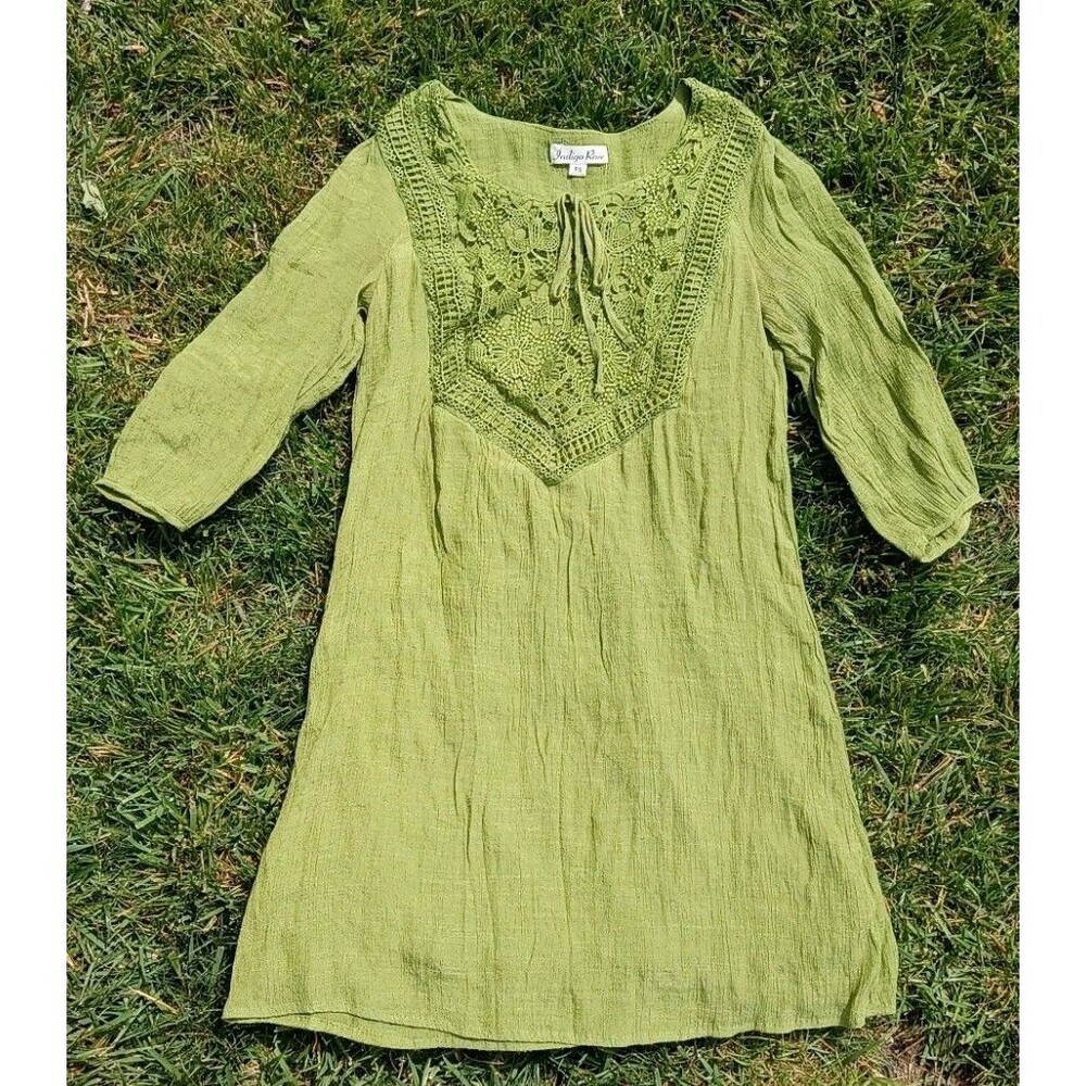 Green Cottagecore Dress Small Crochet Crinkle Gauze Embroidered Bib Front Indie